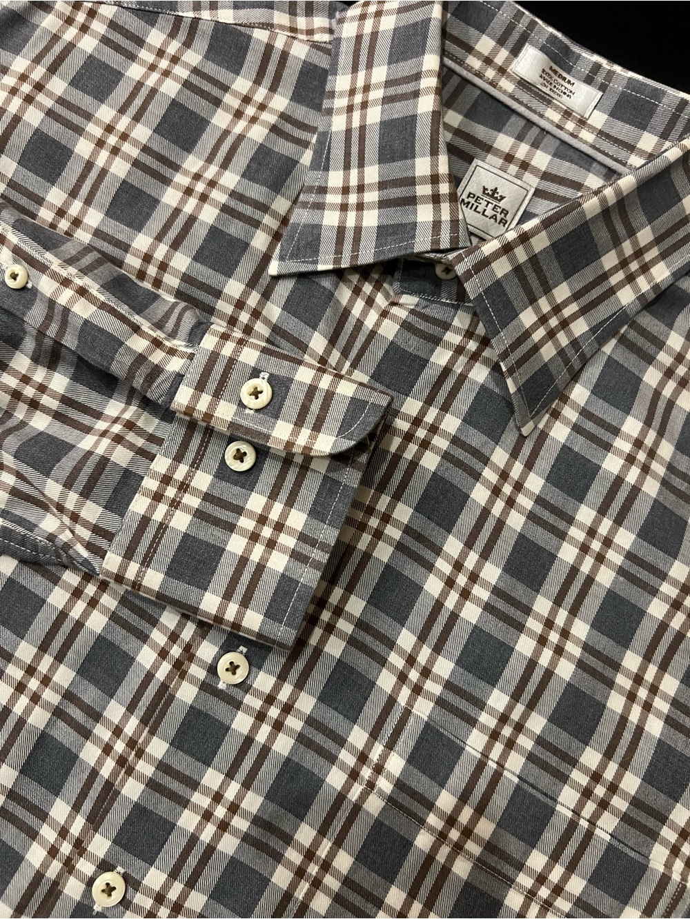 Peter Millar Gray, Brown & White Plaid Button-Down Shirt